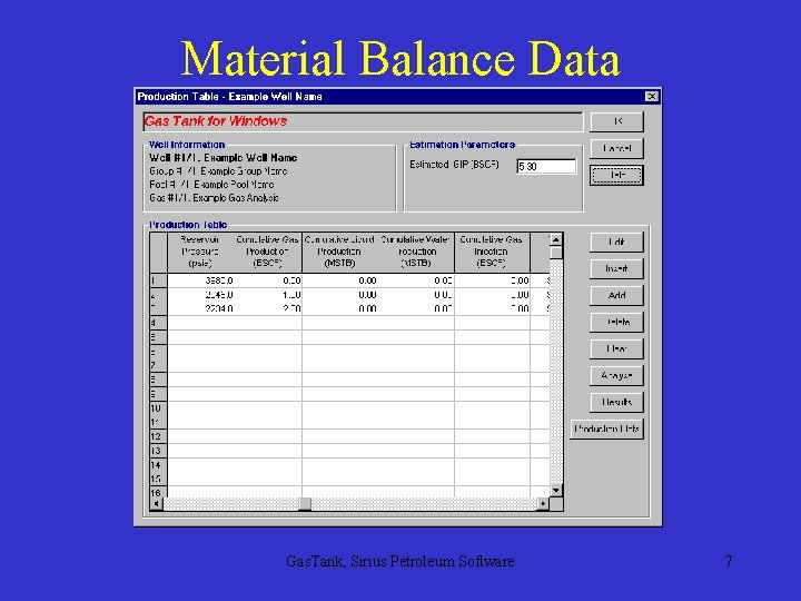 Material Balance Data Gas. Tank, Sirius Petroleum Software 7 