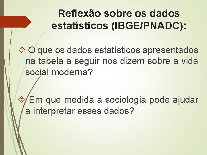 Reflexão sobre os dados estatísticos (IBGE/PNADC): O que os dados estatísticos apresentados na tabela Reflexão sobre os dados estatísticos (IBGE/PNADC): O que os dados estatísticos apresentados na tabela