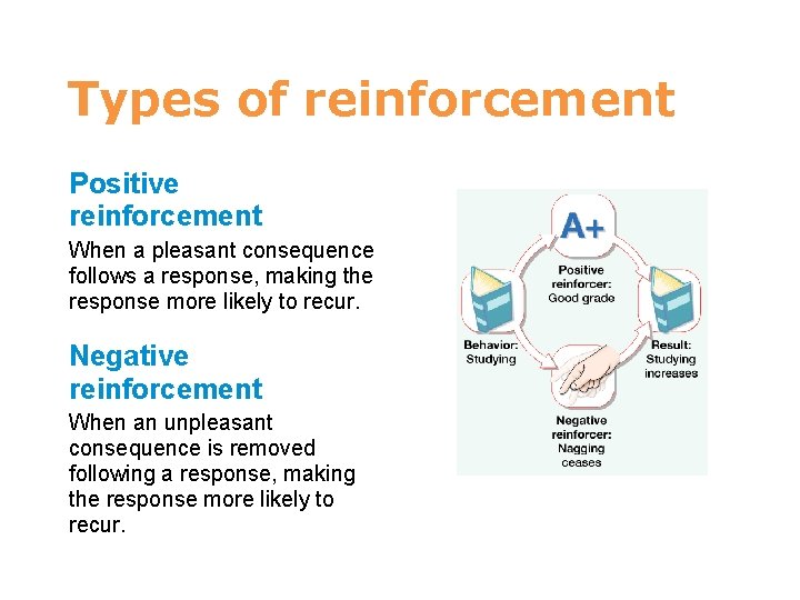 7 Types of reinforcement Positive reinforcement When a pleasant consequence follows a response, making