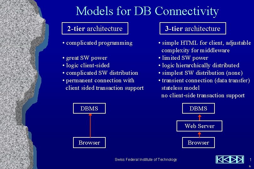 Connectivity: 2/3 Tier Models for DB Connectivity 2 -tier architecture • complicated programming •