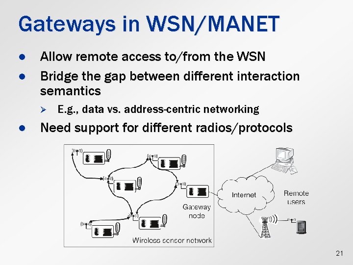 Gateways in WSN/MANET l l Allow remote access to/from the WSN Bridge the gap