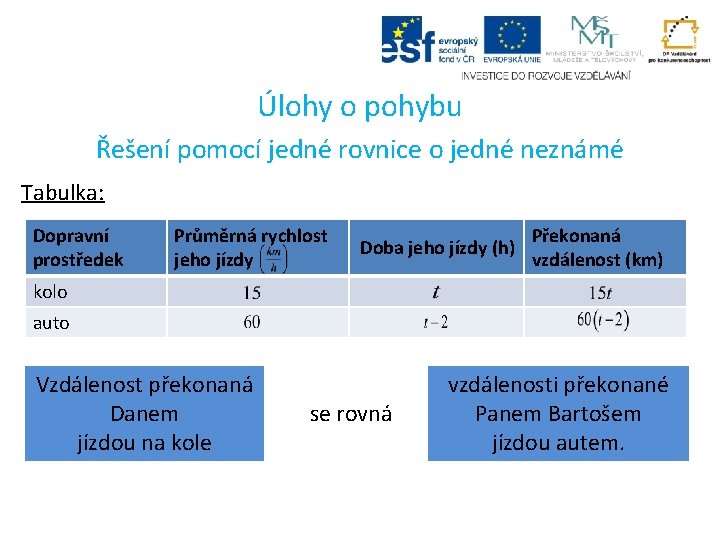 Úlohy o pohybu Řešení pomocí jedné rovnice o jedné neznámé Tabulka: Dopravní prostředek Průměrná