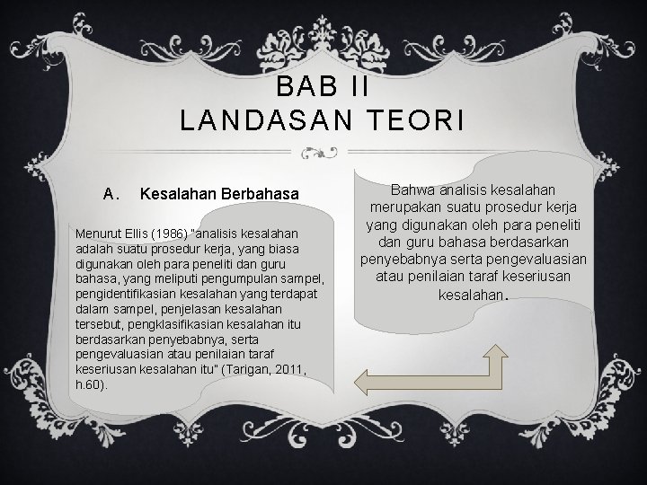 BAB II LANDASAN TEORI A. Kesalahan Berbahasa Menurut Ellis (1986) “analisis kesalahan adalah suatu