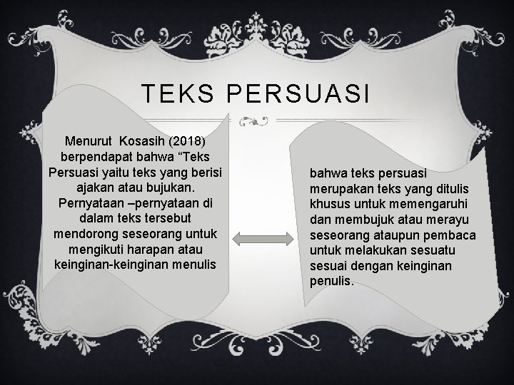 TEKS PERSUASI Menurut Kosasih (2018) berpendapat bahwa “Teks Persuasi yaitu teks yang berisi ajakan