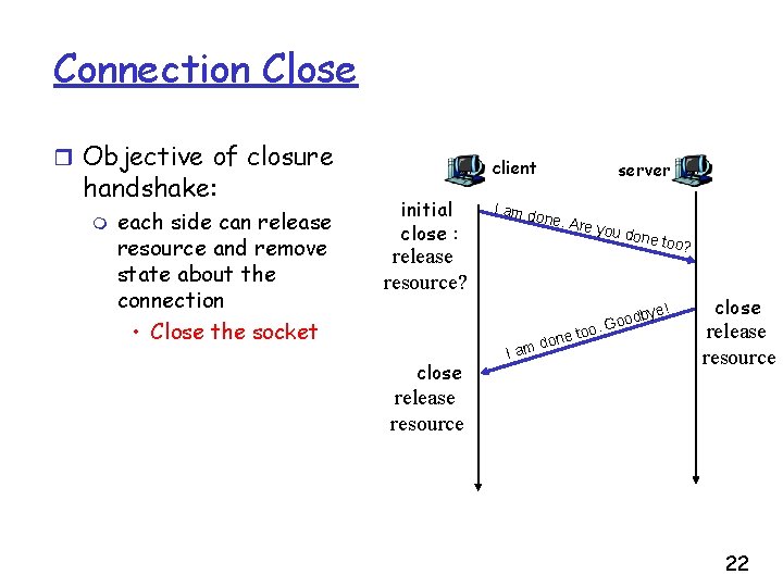 Connection Close r Objective of closure handshake: m each side can release resource and
