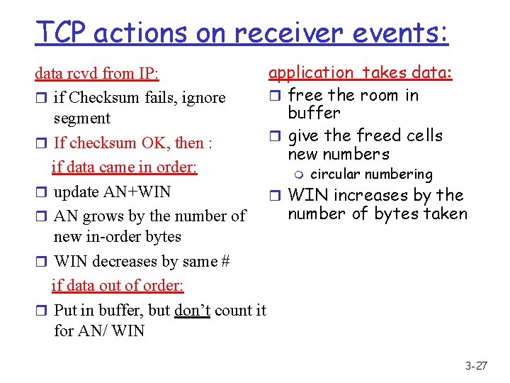 TCP actions on receiver events: application takes data: data rcvd from IP: r free TCP actions on receiver events: application takes data: data rcvd from IP: r free