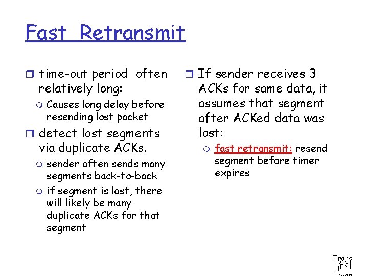 Fast Retransmit r time-out period often relatively long: m Causes long delay before resending