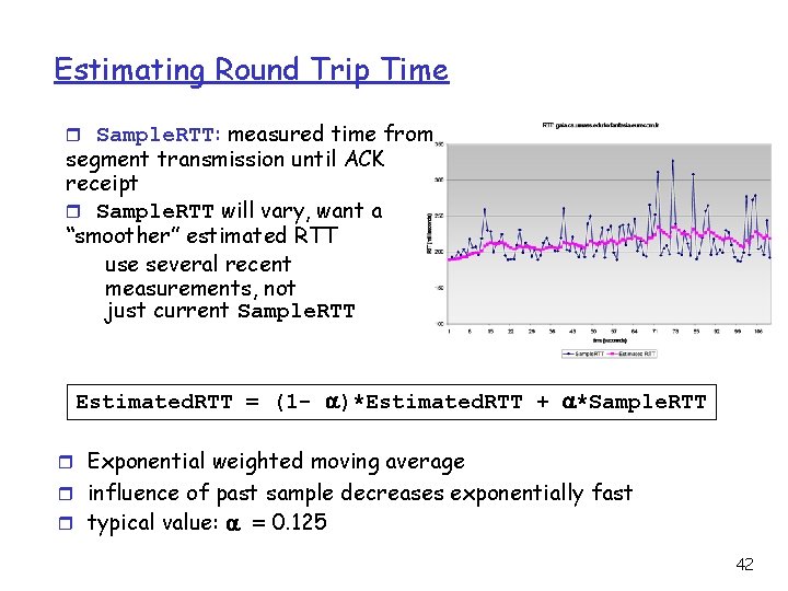 Estimating Round Trip Time r Sample. RTT: measured time from segment transmission until ACK