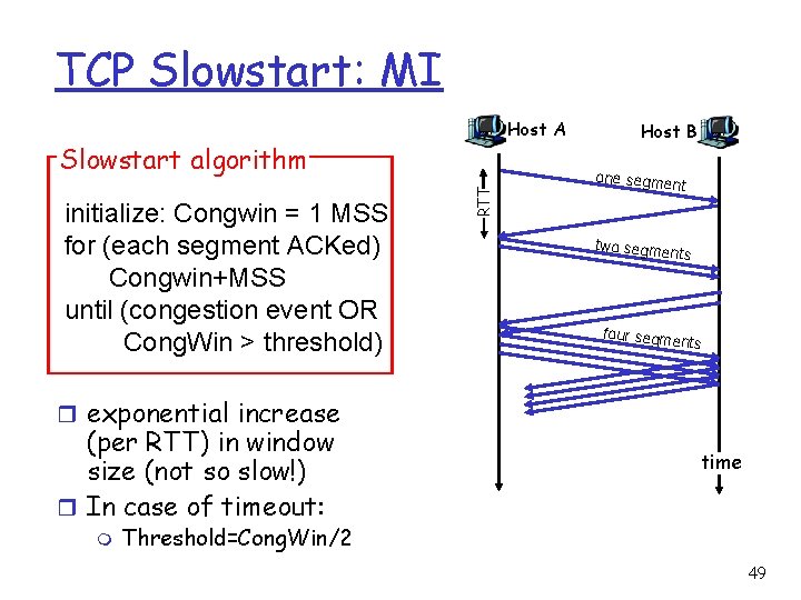 TCP Slowstart: MI Host A initialize: Congwin = 1 MSS for (each segment ACKed)