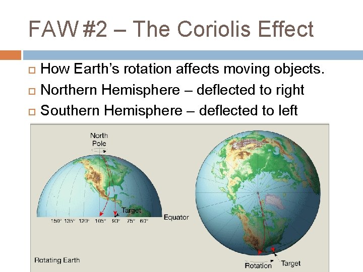 FAW #2 – The Coriolis Effect How Earth’s rotation affects moving objects. Northern Hemisphere