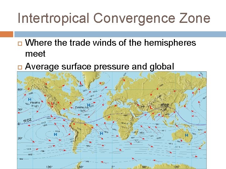 Intertropical Convergence Zone Where the trade winds of the hemispheres meet Average surface pressure