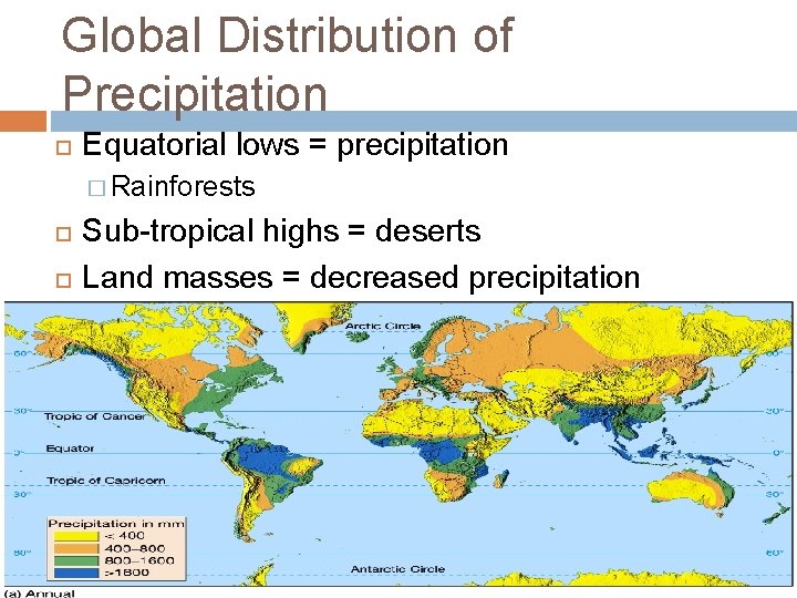 Global Distribution of Precipitation Equatorial lows = precipitation � Rainforests Sub-tropical highs = deserts