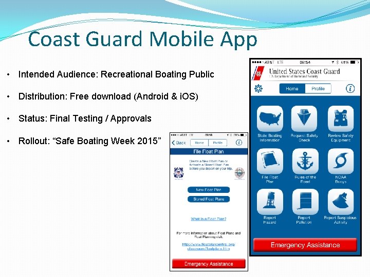 Coast Guard Mobile App • Intended Audience: Recreational Boating Public • Distribution: Free download