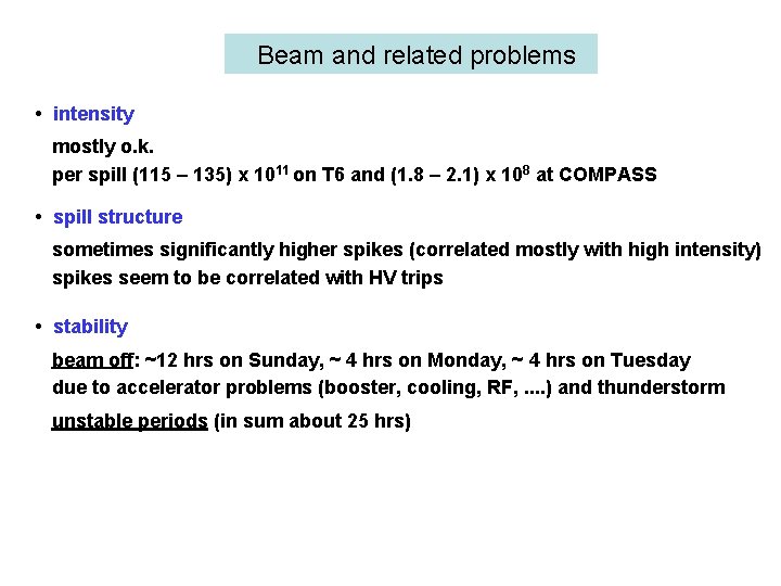 Beam and related problems • intensity mostly o. k. per spill (115 – 135)