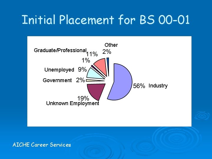 Initial Placement for BS 00 -01 Graduate/Professional Other Unemployed Government Unknown Employment AICHE Career