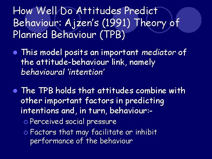 How Well Do Attitudes Predict Behaviour: Ajzen’s (1991) Theory of Planned Behaviour (TPB) l