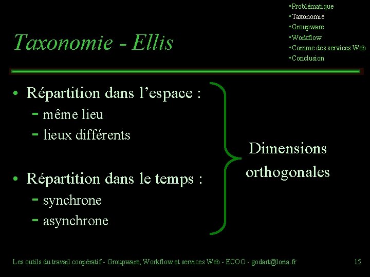 Taxonomie - Ellis • Problématique • Taxonomie • Groupware • Workflow • Comme des