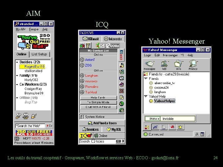 AIM ICQ Yahoo! Messenger Les outils du travail coopératif Groupware, Workflow et services Web