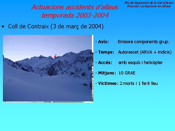 Actuacions accidents d’allaus temporada 2003 -2004 Pla de Seguretat de la Val d’Aran: Rescats