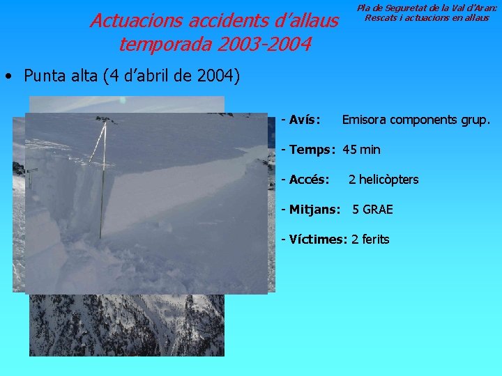 Actuacions accidents d’allaus temporada 2003 -2004 Pla de Seguretat de la Val d’Aran: Rescats