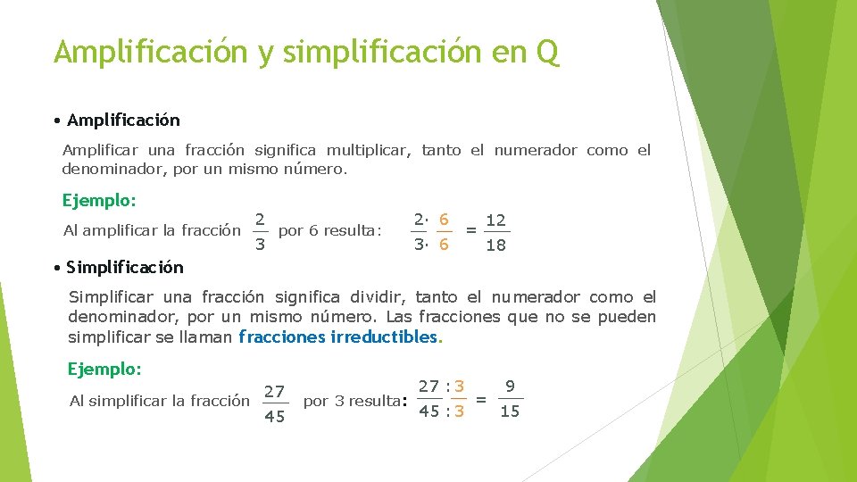 Amplificación y simplificación en Q • Amplificación Amplificar una fracción significa multiplicar, tanto el