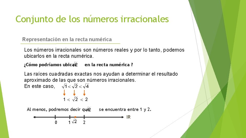 Conjunto de los números irracionales Representación en la recta numérica Los números irracionales son