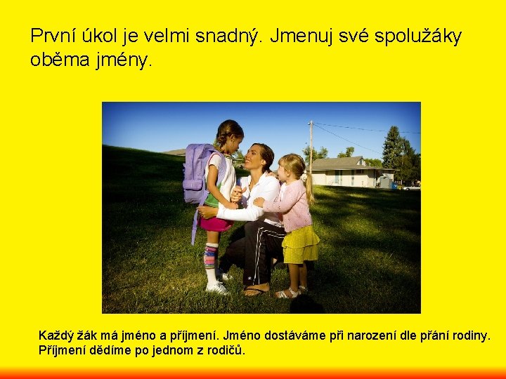 První úkol je velmi snadný. Jmenuj své spolužáky oběma jmény. Každý žák má jméno