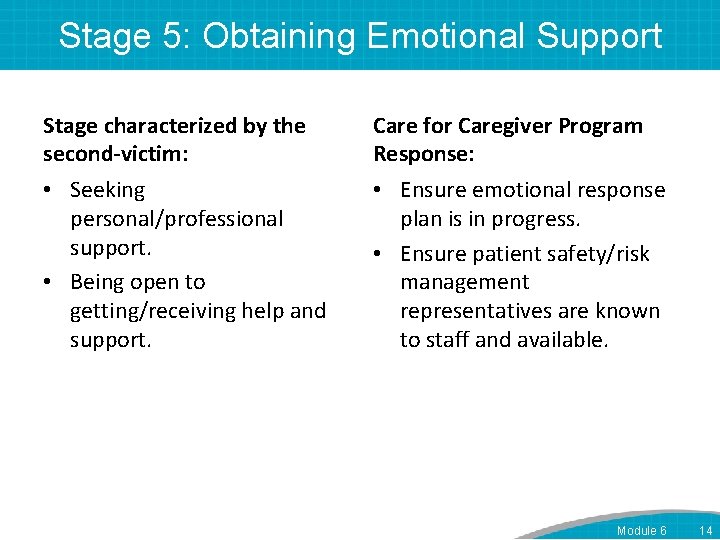 Stage 5: Obtaining Emotional Support Stage characterized by the second-victim: • Seeking personal/professional support.