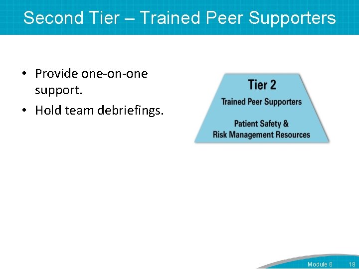 Second Tier – Trained Peer Supporters • Provide one-on-one support. • Hold team debriefings.