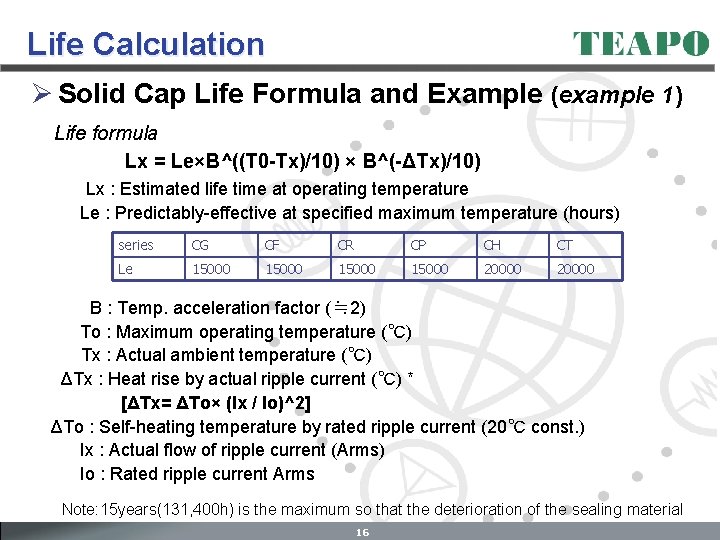 Life Calculation Ø Solid Cap Life Formula and Example (example 1) Life formula Lx