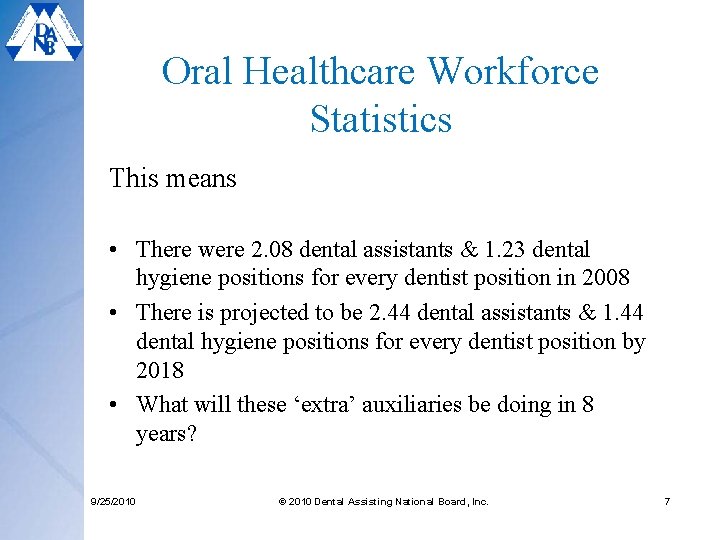 Oral Healthcare Workforce Statistics This means • There were 2. 08 dental assistants &