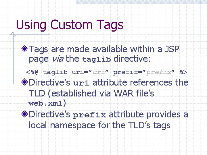 Using Custom Tags are made available within a JSP page via the taglib directive: