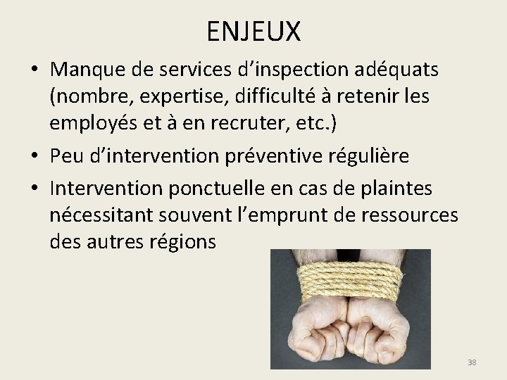 ENJEUX • Manque de services d’inspection adéquats (nombre, expertise, difficulté à retenir les employés