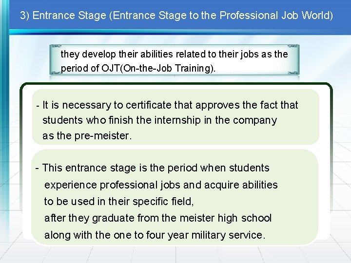 3) Entrance Stage (Entrance Stage to the Professional Job World) they develop their abilities