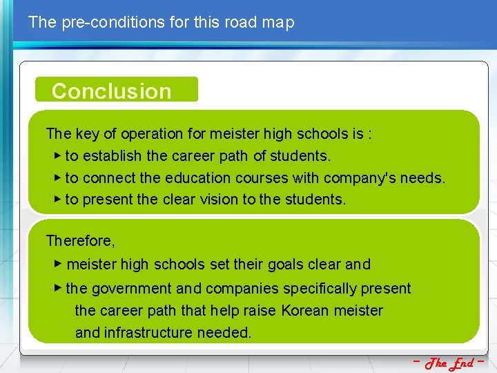 The pre-conditions for this road map Conclusion The key of operation for meister high