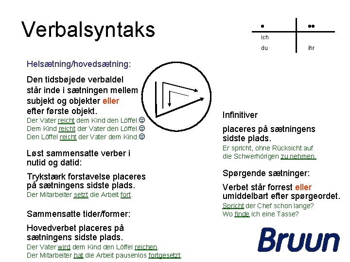 Verbalsyntaks • • • ich du ihr Helsætning/hovedsætning: Den tidsbøjede verbaldel står inde i