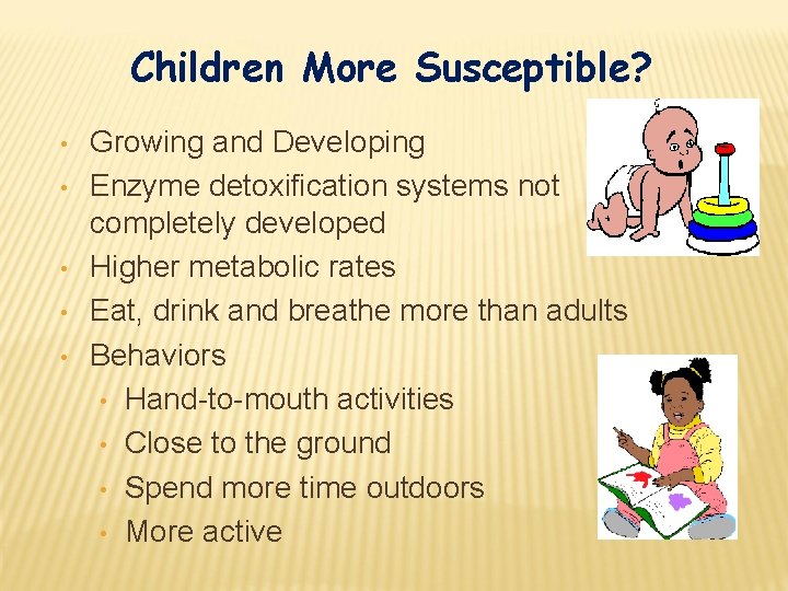 Children More Susceptible? • • • Growing and Developing Enzyme detoxification systems not completely