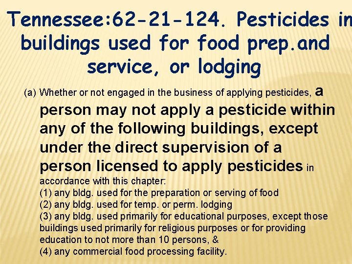 Tennessee: 62 -21 -124. Pesticides in buildings used for food prep. and service, or