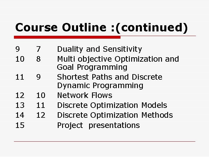 Course Outline : (continued) 9 10 7 8 11 9 12 13 14 15