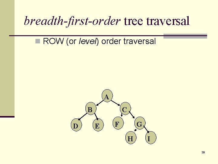 breadth-first-order tree traversal n ROW (or level) order traversal A B D C E