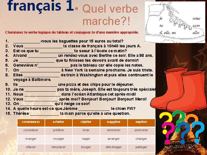 français 1 • Quel verbe marche? ! Choisissez le verbe logique du tableau et