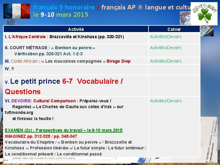 français 5 honoraire / français AP ® langue et culture le 9 -10 mars