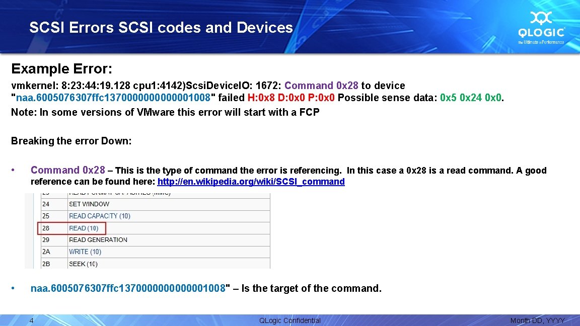 SCSI Errors SCSI codes and Devices Example Error: vmkernel: 8: 23: 44: 19. 128