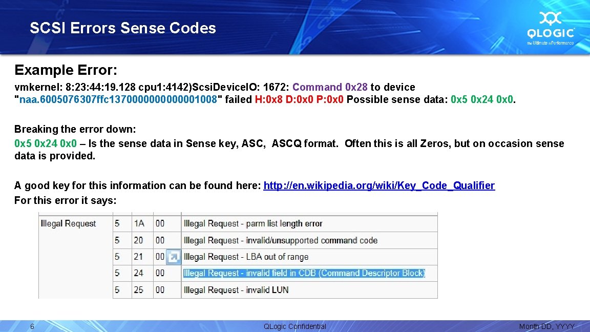 SCSI Errors Sense Codes Example Error: vmkernel: 8: 23: 44: 19. 128 cpu 1: