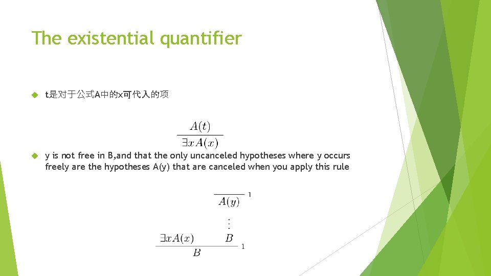 The existential quantifier t是对于公式A中的x可代入的项 y is not free in B, and that the only