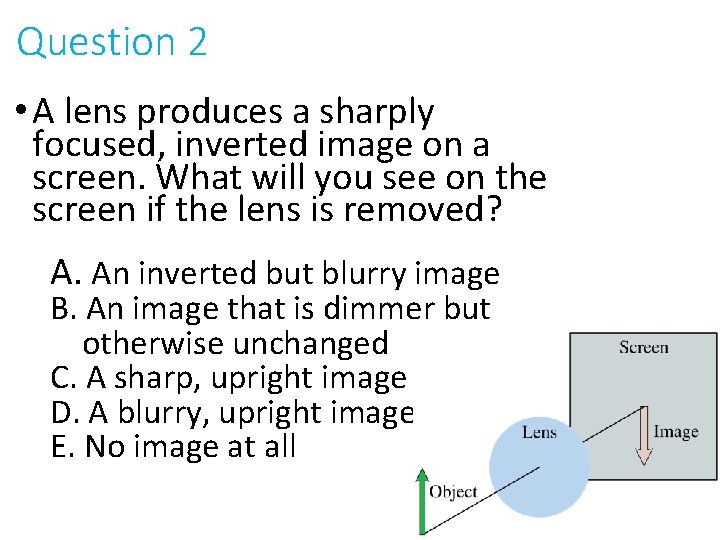 Question 2 • A lens produces a sharply focused, inverted image on a screen.
