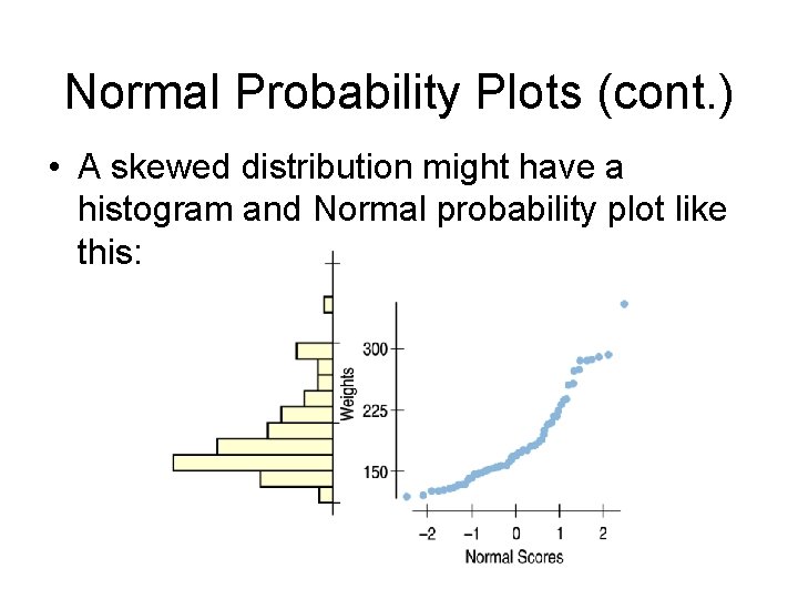 Normal Probability Plots (cont. ) • A skewed distribution might have a histogram and
