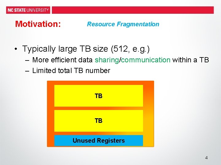 Motivation: Resource Fragmentation • Typically large TB size (512, e. g. ) – More