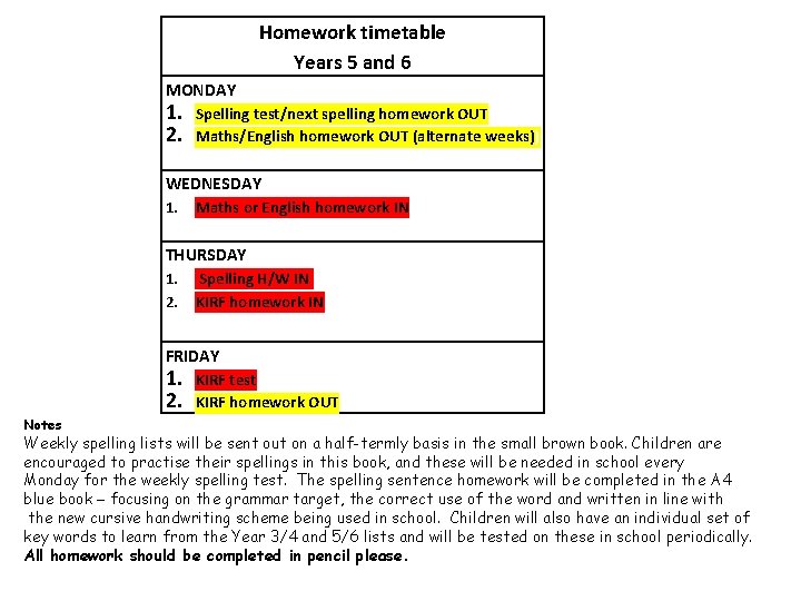 Homework timetable Years 5 and 6 MONDAY 1. 2. Spelling test/next spelling homework OUT