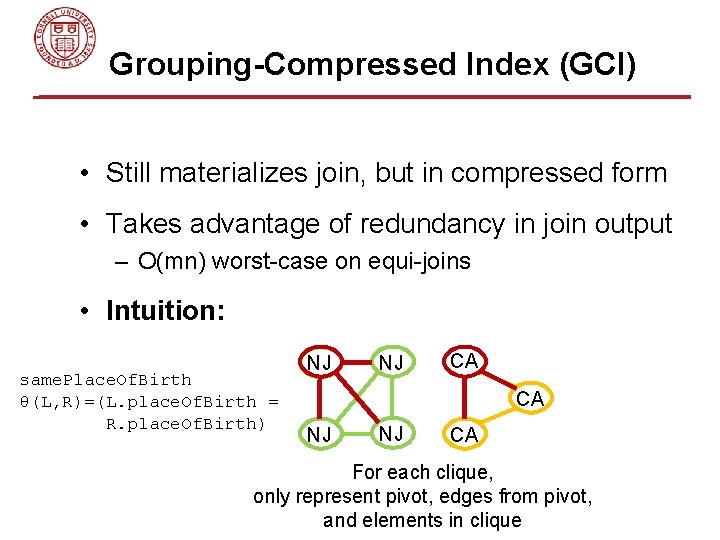 Grouping-Compressed Index (GCI) • Still materializes join, but in compressed form • Takes advantage Grouping-Compressed Index (GCI) • Still materializes join, but in compressed form • Takes advantage